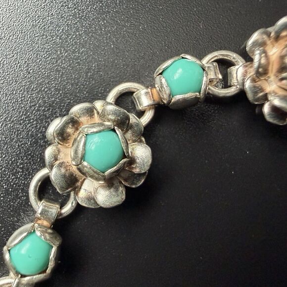 VINTAGE 50s TAXCO MEXICO STERLING SILVER TURQUOISE BLOSSOM FLOWER BRACELET 6.5” - Picture 5 of 16